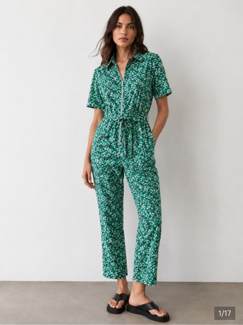 Zara Floral Jumpsuit Green 100% Cotton Short Sleeve Womens Size Medium